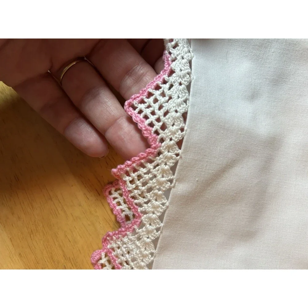 Vintage Pink Rose Embroidered Pillowcases Pair Crochet Lace Percale Cottage Set